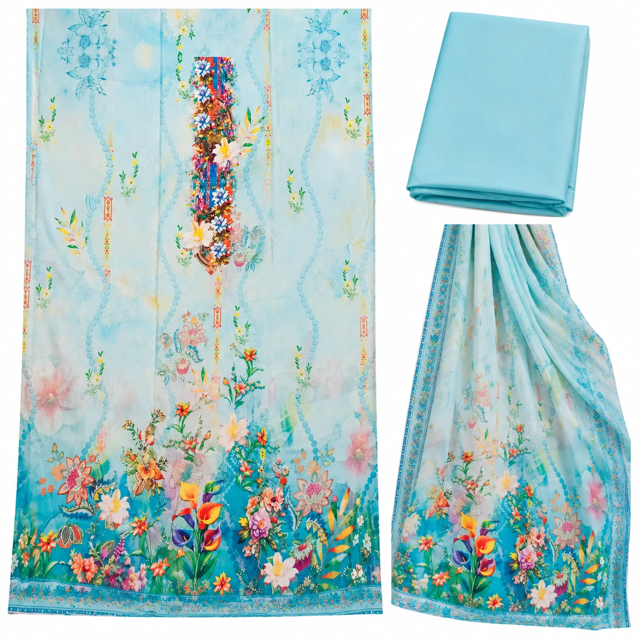 Sky Blue Floral Three Piece
