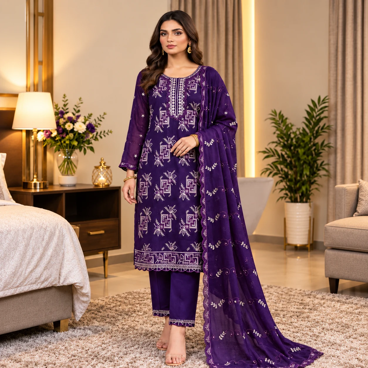 Royal Violet Embroidered 3-Piece Set