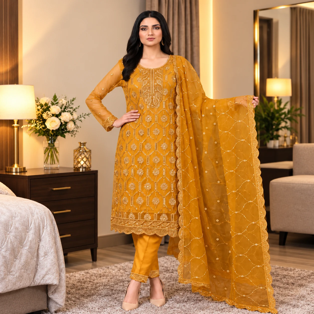 Golden Saffron Embroidered 3-Piece Set