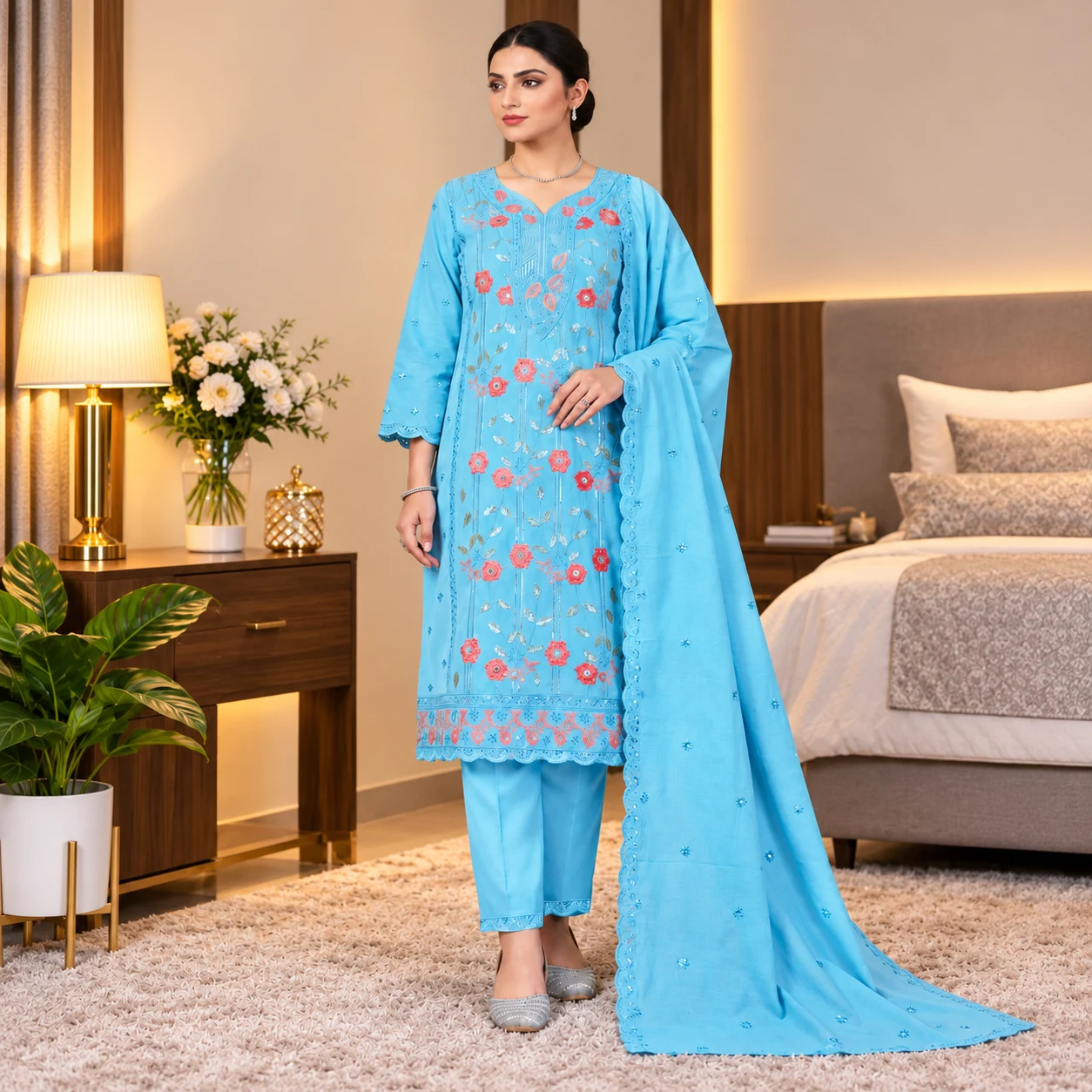 Sky Bloom Embroidered 3-Piece Set