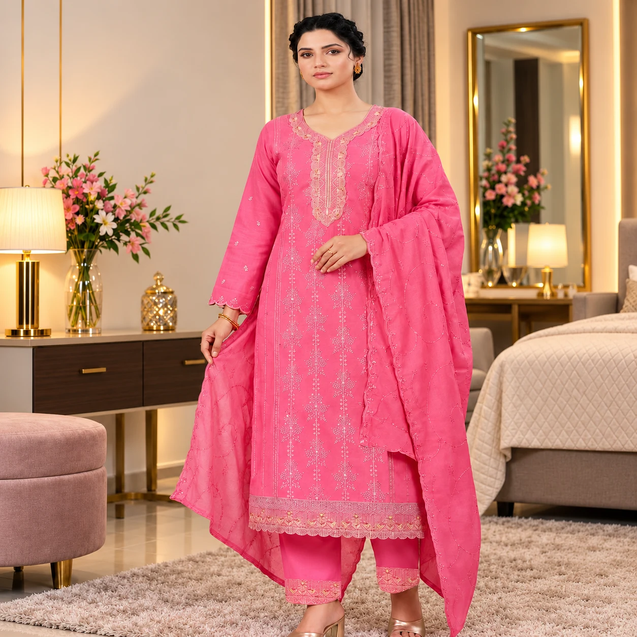 Rose Pink Elegance Embroidered 3-Piece Set