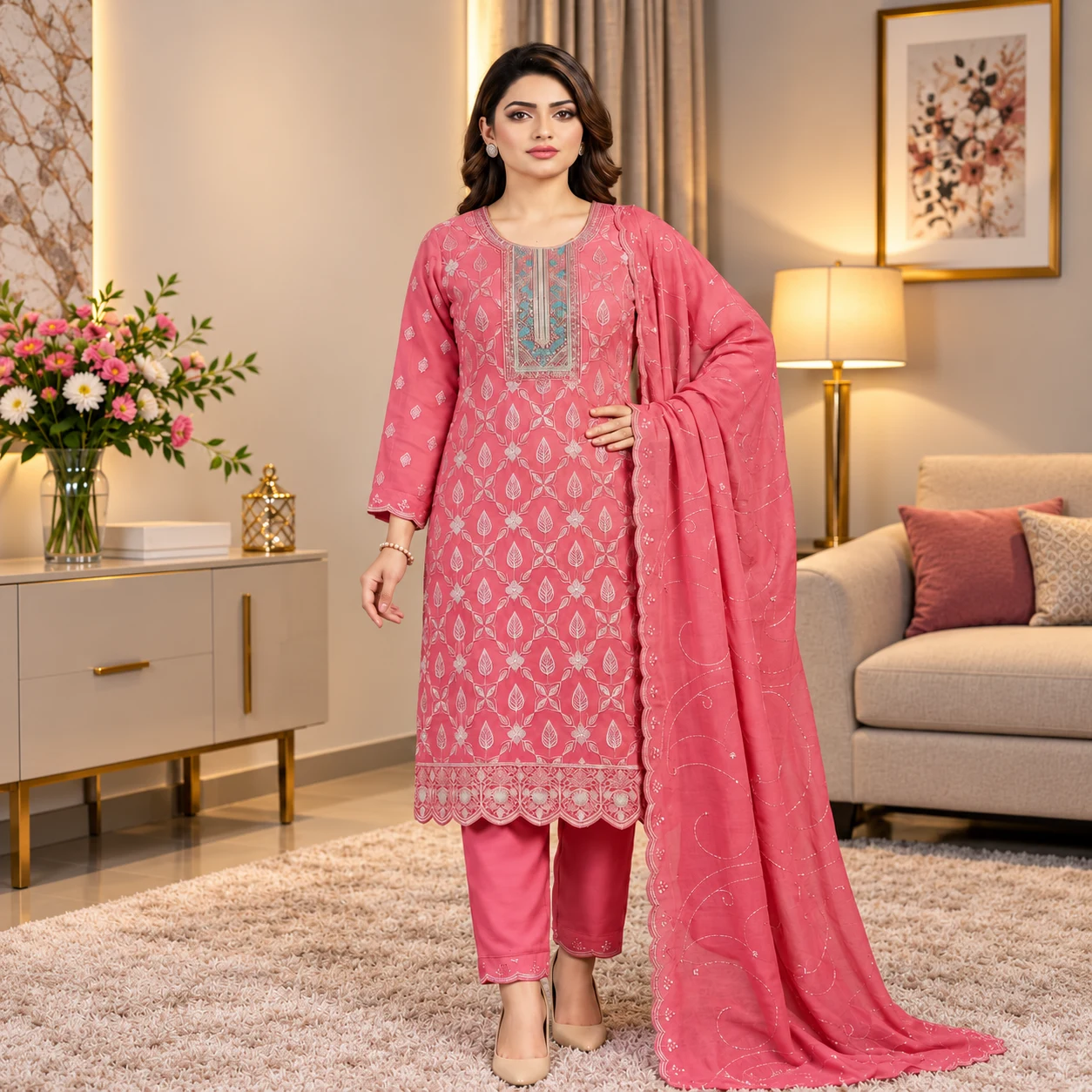 Coral Rose Embroidered 3-Piece Set